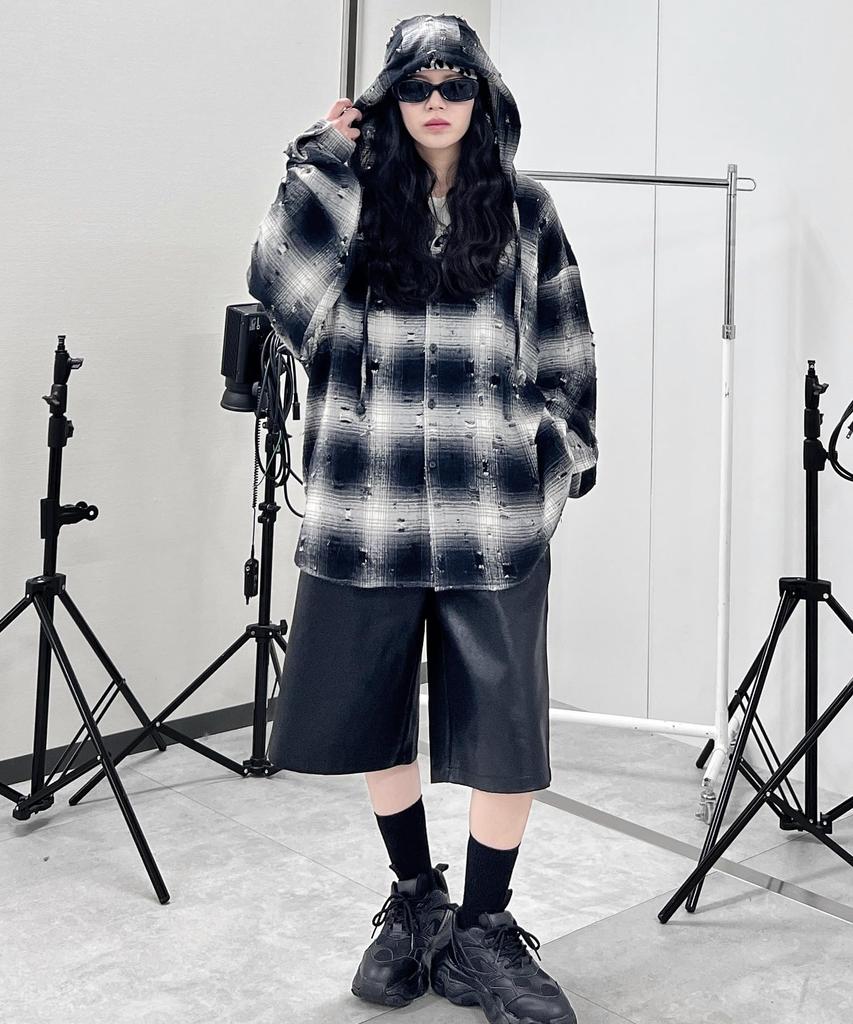 WEGO Figments Distressed Hooded Check Long Sleeve Size Black Shirt, Streetwear, Shirt, Gift, Women's, F,