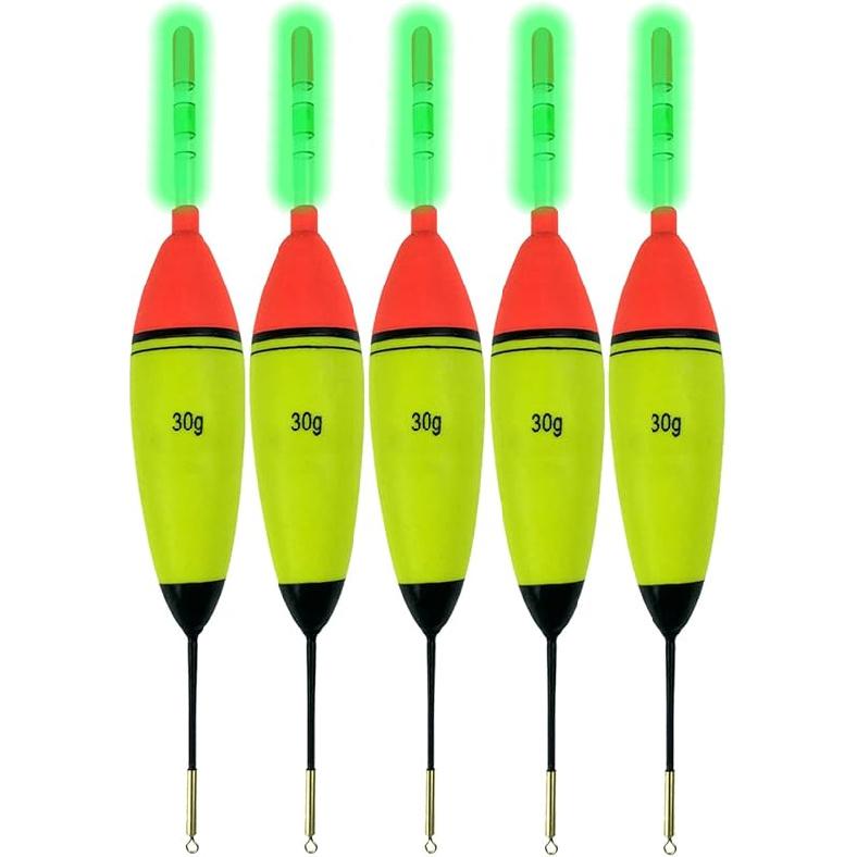 QualyQualy 5Pcs Lighted Fishing Bobbers EVA Foam Fishing Floats and Bobbers + 10Pcs Fishing Glow Sticks, Night Fishing Light Up Bobbers Glowing Bobbers 30g