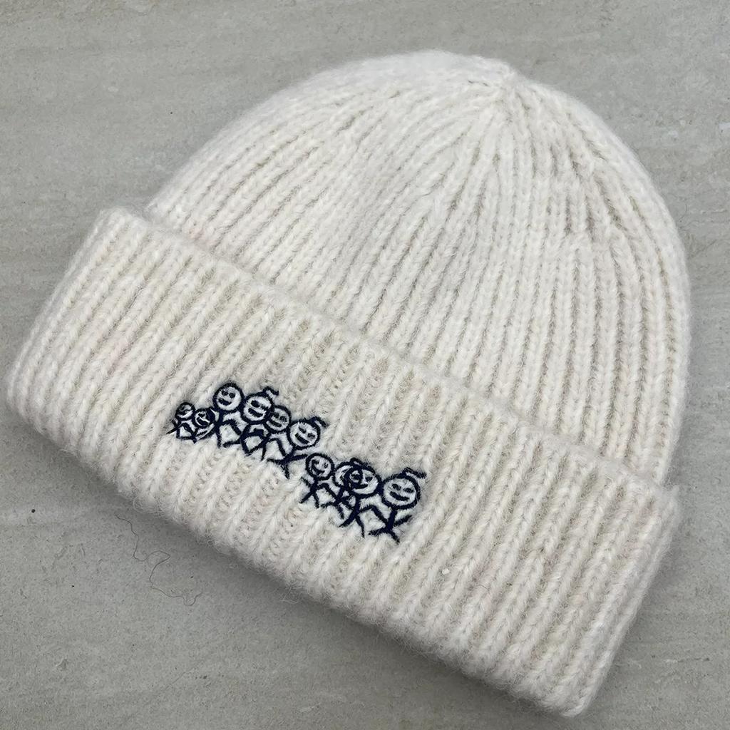 Stickman Embroidered Knit Beanie for Women, Autumn Winter Trendy Cold Hat, Slim Face, Versatile Warm Pile Wool Hat, Fits Big Head Circumference
