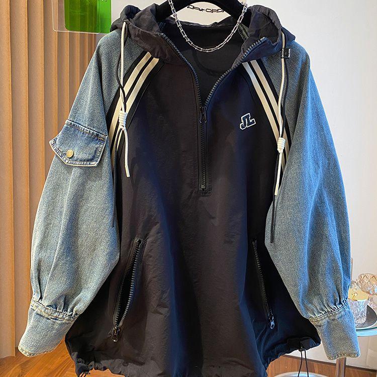 Oversized Sweatshirts for Women Patchwork Denim Streetwear Y2k Tops Hooded Contrast Color Vintage Hoodies