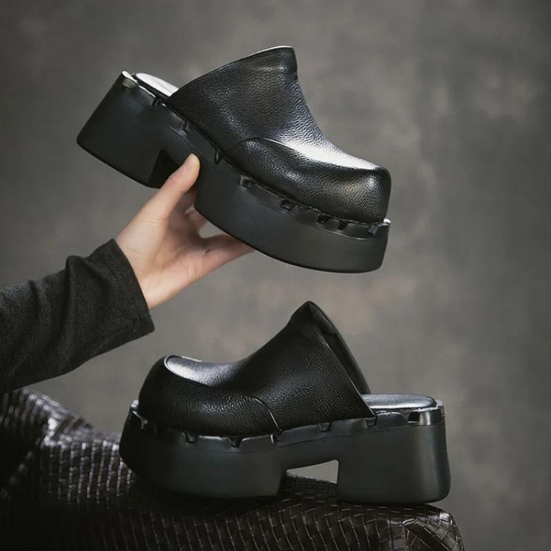 Johnature British Style Genuine Leather Round Toe Thick Heel Slippers Comfortable Thick Soled Women's Shoes