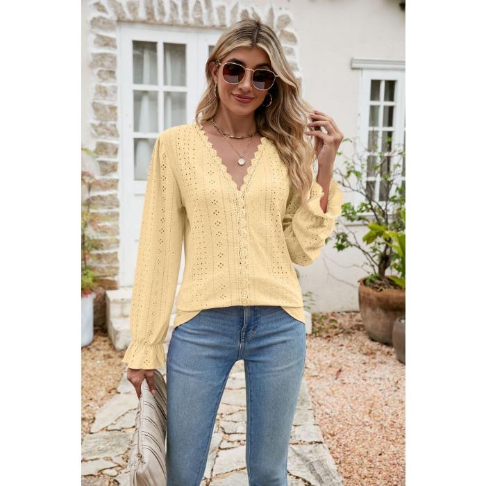 Vår og høst damebluse Ensfarget blonder patchwork V-hals løs langermet topp