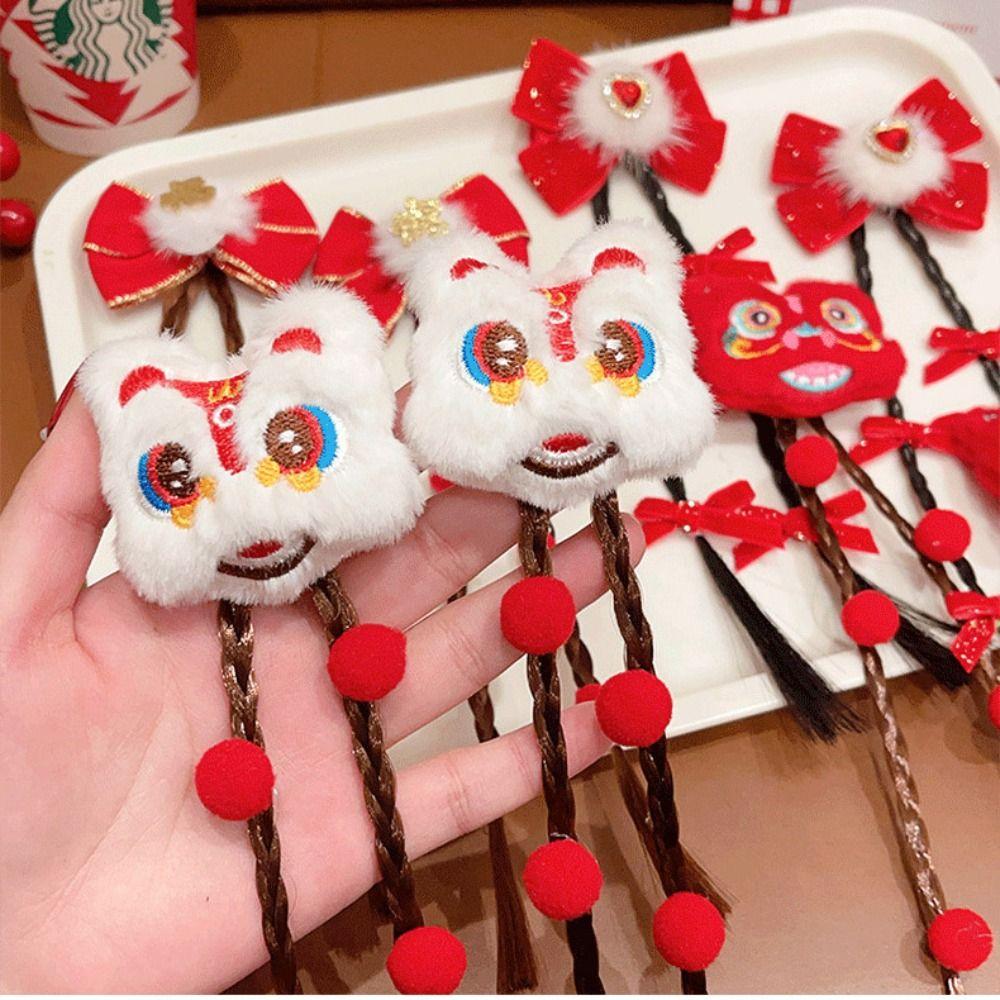 Wig Red Bow Hair Clip Tassel Plush Ball Hairpin Cute New Year Headwear  Decoration