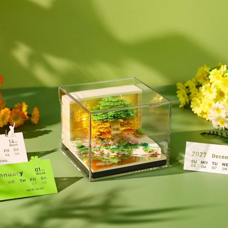 Time Piece Calendar 2027 Desk Calendar With Led Light 3D Tear-Away Calendar Paper Carving Art Memo Pad Notepad Desktop Decor