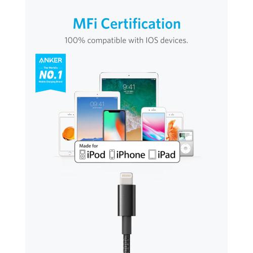 [Set of 2] Anker Heavy Duty Nylon Lightning Cable MFi Certified Compatible with iPhone 13 / 13 Pro / 12 / SE (3rd Generation) Various (1.8m X 2 Black)