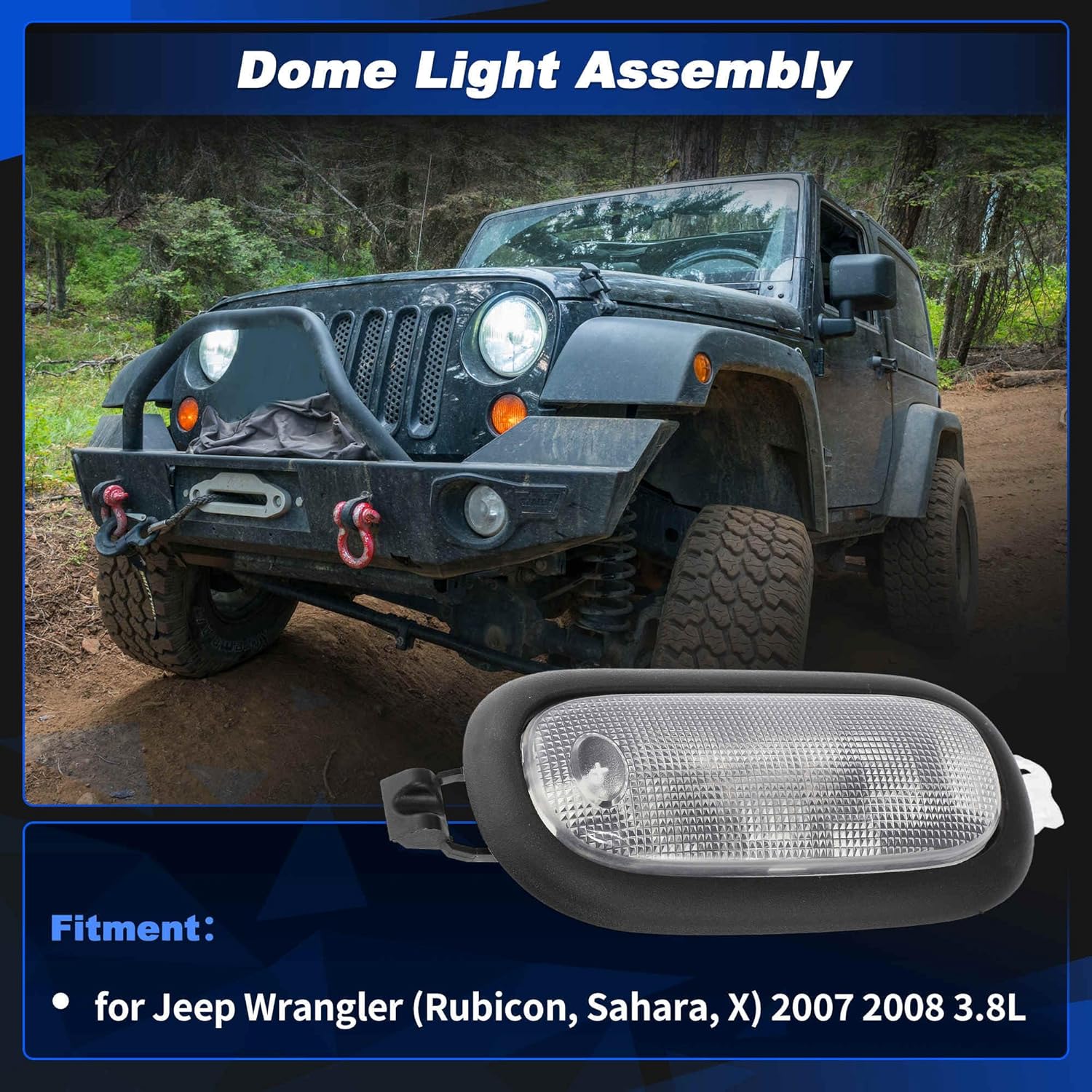 Front Dome Light Assembly with Lens & Bulbs for Jeep Wrangler Rubicon/Sahara/X 2007 2008 3.8L Interior Overhead Roof Map Reading Light Lamp Replace