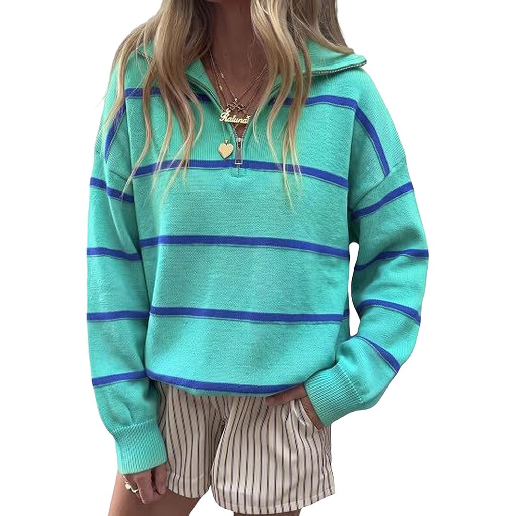 Damen gestreifter Pullover mit Reißverschluss Lässiges Strickoberteil