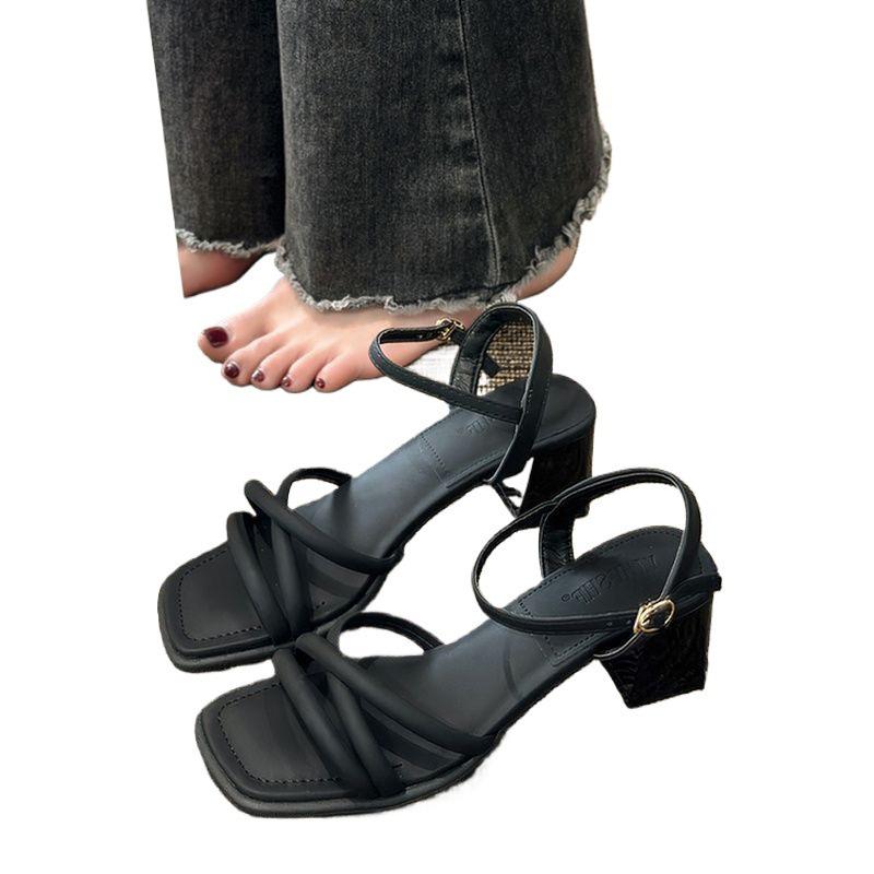 One-Strap Chunky Heel Square Toe White Sandals - 2025 Spring French Style Women's Mid-Heel