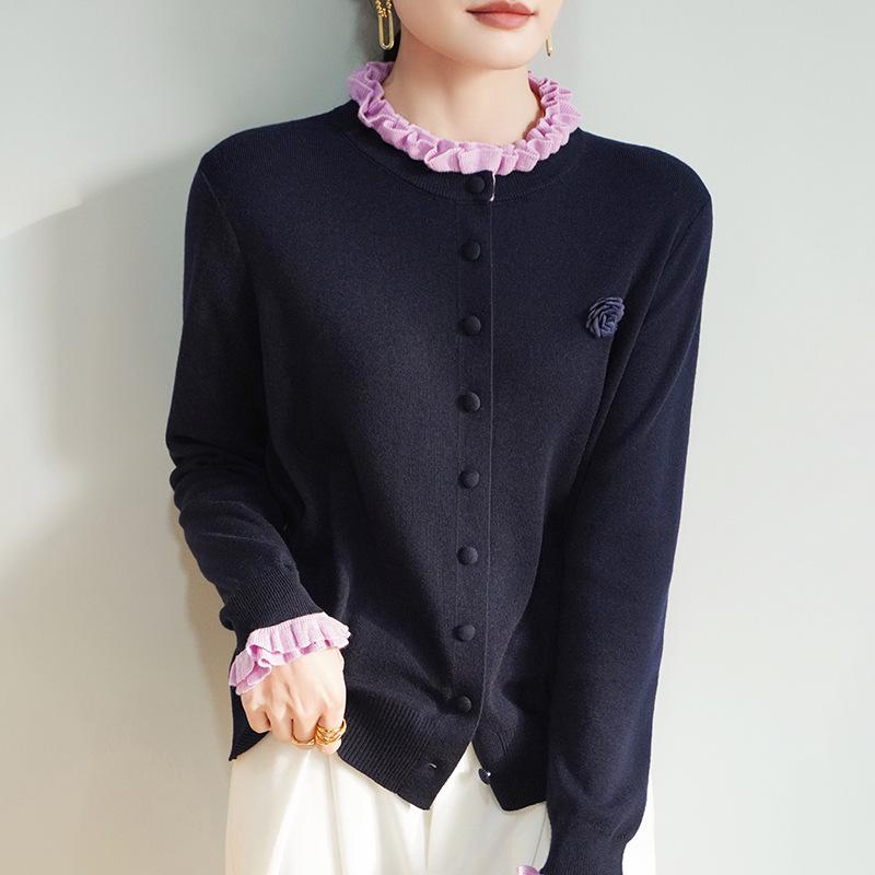 

Кардиган из мериносовой шерсти в стиле ретро-шик с воротником-рюшем и 3D цветочным дизайном XL 135-155 lbs