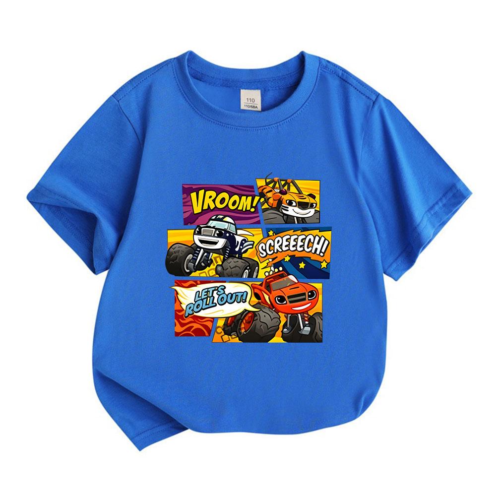 Kids Boys Girls 100% Cotton Short Sleeve Crew Neck T-Shirt, Cartoon Monster Truck Vroom Print Casual Tees for Children, Racing Vehicle Graphic Cute Su