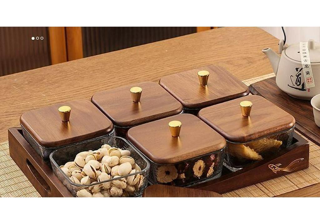 Luxury Glass Walnut Fruit & Snack Plate with Candy Compartments for Living Room Coffee Table