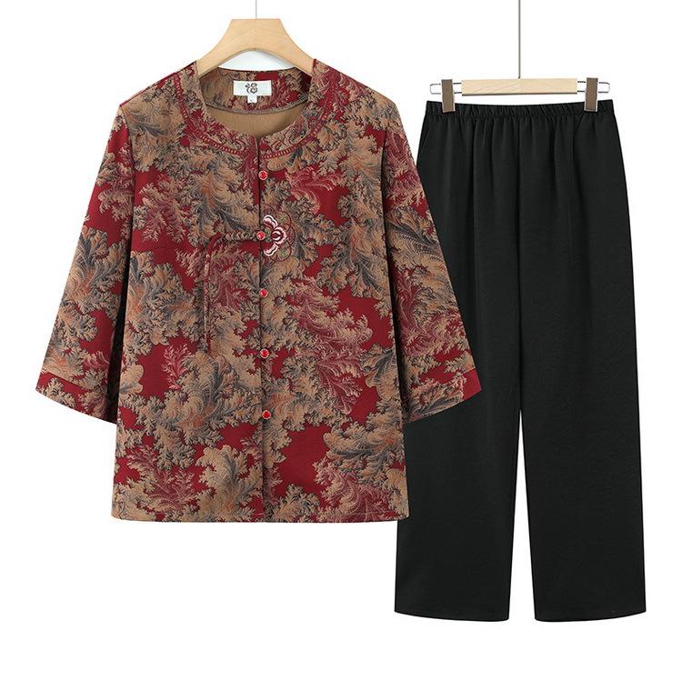 

Grandma Summer Tang-Style Two-Piece Set: Short-Sleeve Shirt for Middle-Aged Women 3XL (115-130 lbs) красный