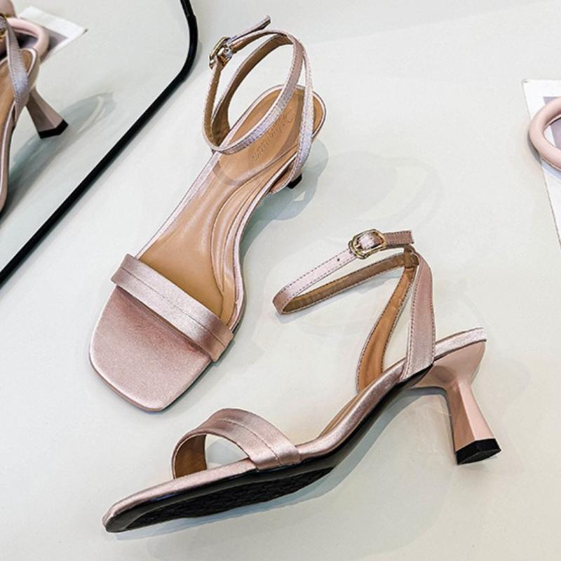 High Quality Silver Ankle Buckle Heeled Sandals Women Fashion Square Toe Open Toe Slide Sandals Concise Comfort Sandalias Mujer