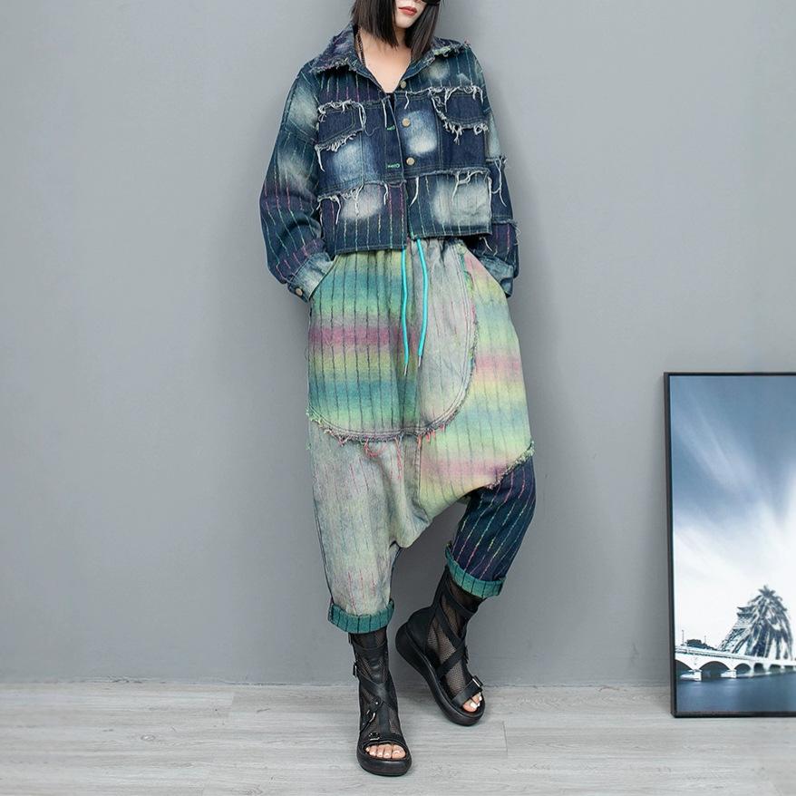 Do Old Color Strips Denim Lapel Collar Long-sleeved Short Jacket Large Crotch Pants Two-piece Set Women's Spring and Autumn Fashion Suit European Good