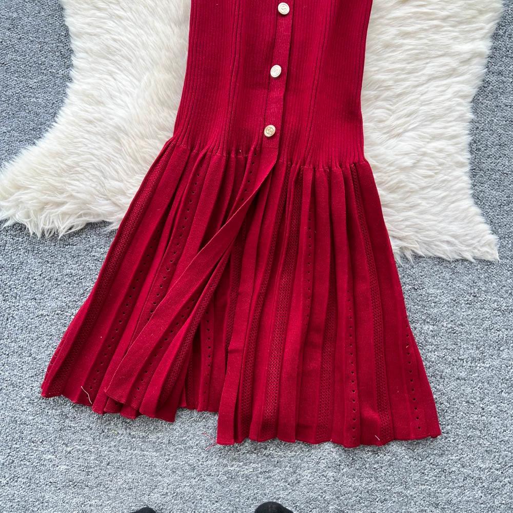 Sommer Damer Elegant V-hals Enkeltspent Strikket Futteral Genser Lang Maxi Fishtail Kjoler