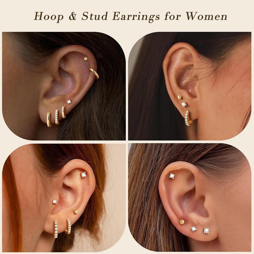 10 Paar Gold-Creolen für Damen | 14K Goldplattierte Stecker-Creolen, Flache Rückseite, Knorpel-Ohrring-Stacks, Mehrfachpiercing, Hypoallergen
