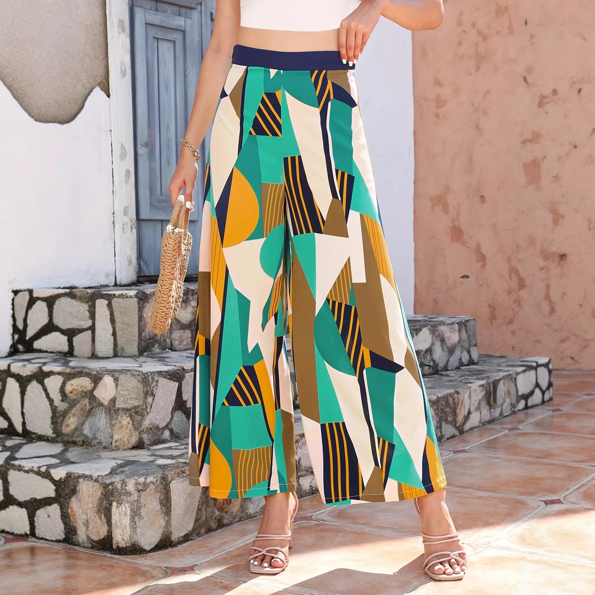 Summer women s clothing European and American woven printing geometric color block wide-leg pants women s geometric printing wide-leg pants women s S