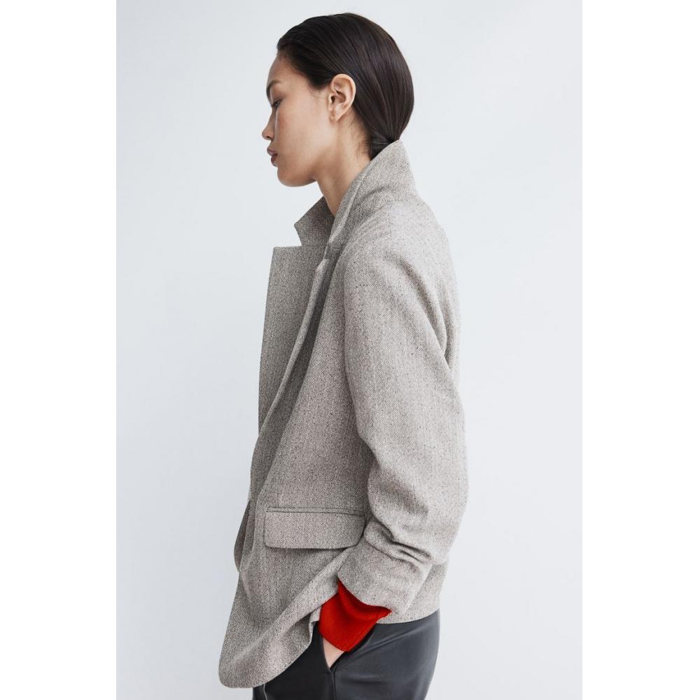 

H M Gather Sleeve Jacket Beige Herringbone Pattern