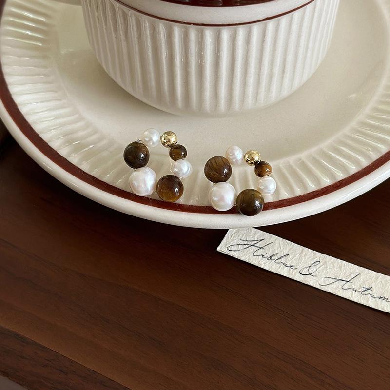 Maillard artificial tiger's eye stone ear buckle retro fashion high-end earrings light luxury temperament earrings