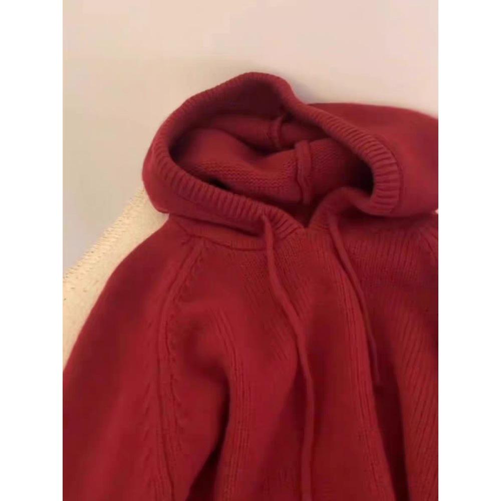 Women's 100% Pure Wool Hooded Knit Sweater - Solid Color Loose Pullover