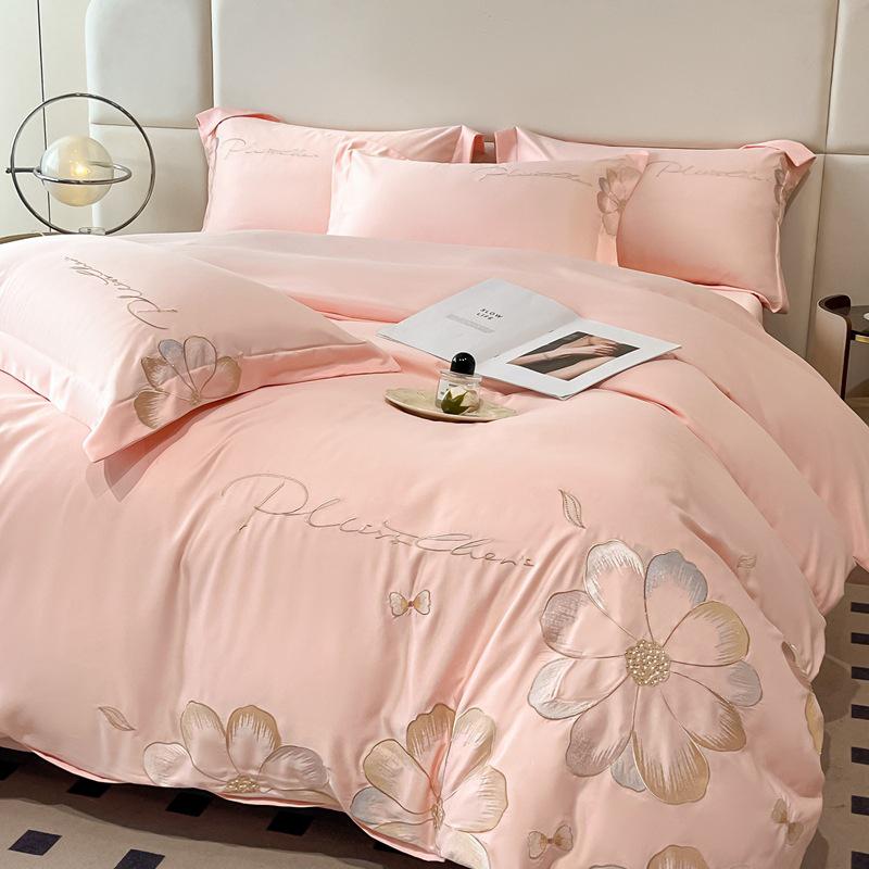 Hepburn Series: Luxurious Floral Embroidery Cotton Bed Sheet Set - Skin-Friendly, Fitted Style, Four-Piece