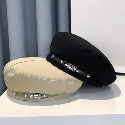Metal Buckle Decor Vintage Berets Classic Solid Color Beret Hats Elegant Lightweight Painter Cap For Women
