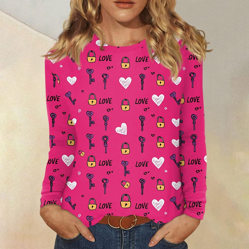 Damen Valentinstag Modisches Herzmuster Rundhals Langarm Pullover Top