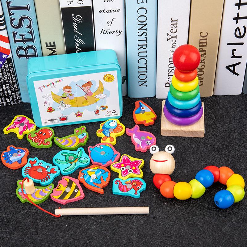 Children's Wooden Toy Set: Eight-Tone Piano, Bead Rainbow Tower, Puzzle Column, Twisting Worm