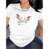 T-shirt da donna con stampa Diavolo Rosso, girocollo, elasticità media, top casual leggero per uso quotidiano e occasioni