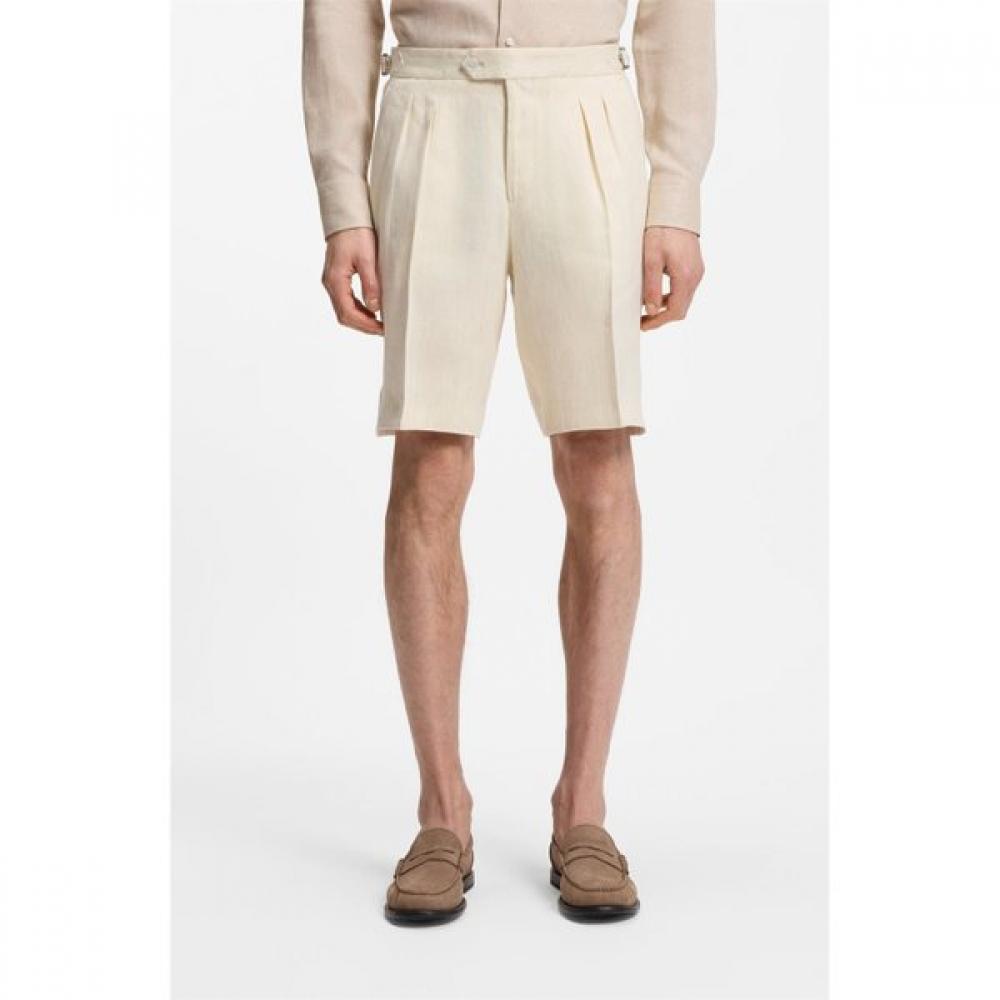 

Boss Linen Shorts Open Beige Tapered Fit Front Pleat 52