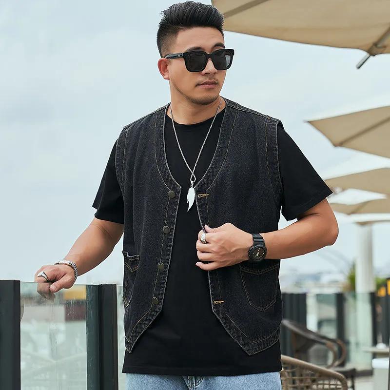 Men's Spring Large Size Loose Denim Vest Solid Color Straight Hem Sleeveless Top