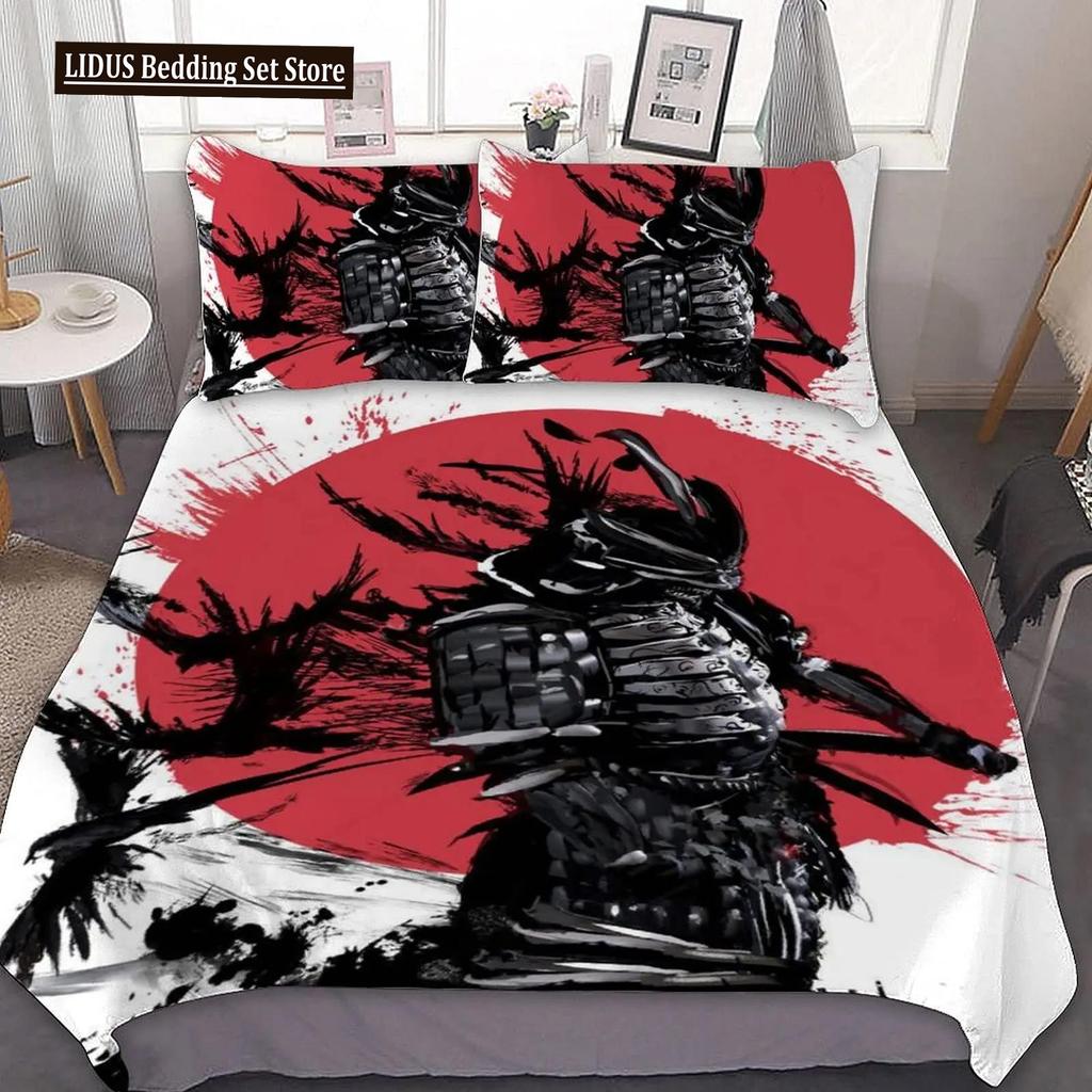 Japanischer Schwarz-Weiß-Tuschestil Samurai-Schwert Rote Sakura 3D Bettbezug-Set Queen-Size Bushido-Kultur Bettwäsche-Set Bettdecken-Set