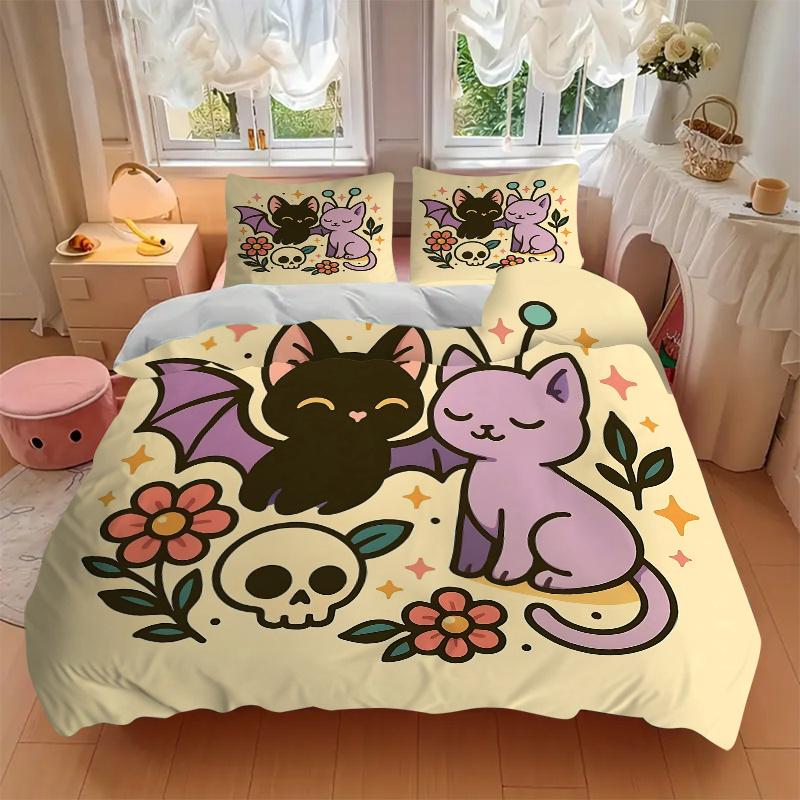 3pcs Bat and Cat Cute Cartoon Design Bedding Set - 1 Soft Quilt Cover + 2 Pillowcases, Machine Washable - Suitable for All Seasons, Perfect Gift
