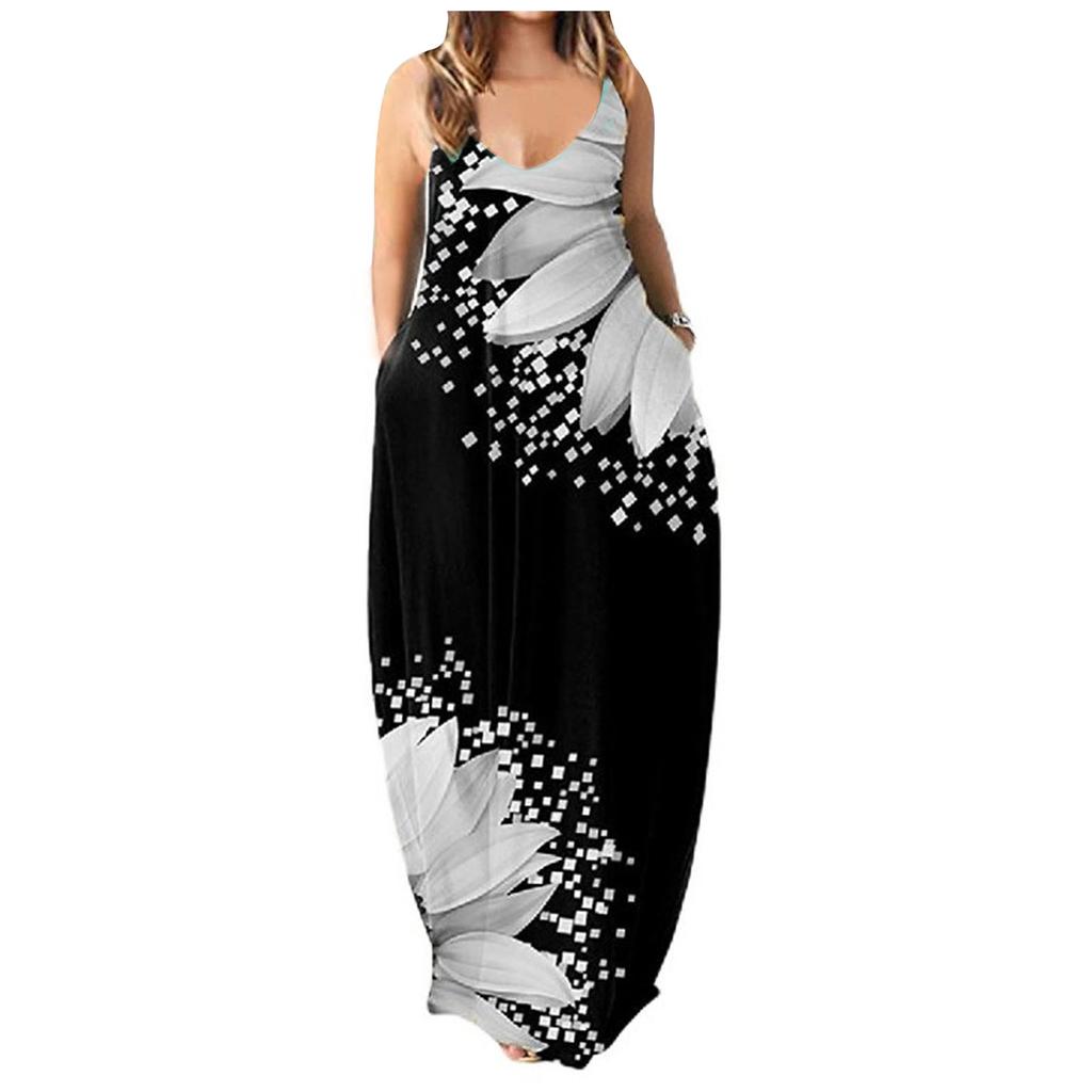Women's Casual Summer Printed Spaghetti Strap Maxi Dress Loose Fit Sleeveless Long Dress with Pockets Lightweight Comfortable