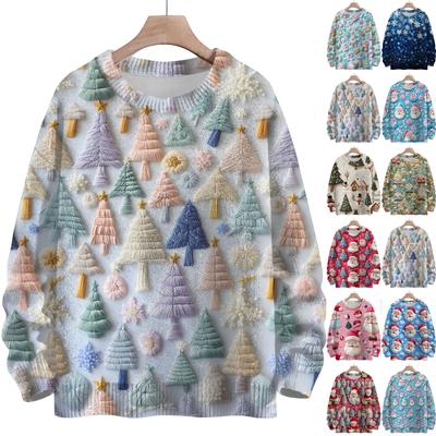 Moda feminina gola redonda casual manga comprida natal fofo estampado lã malha top