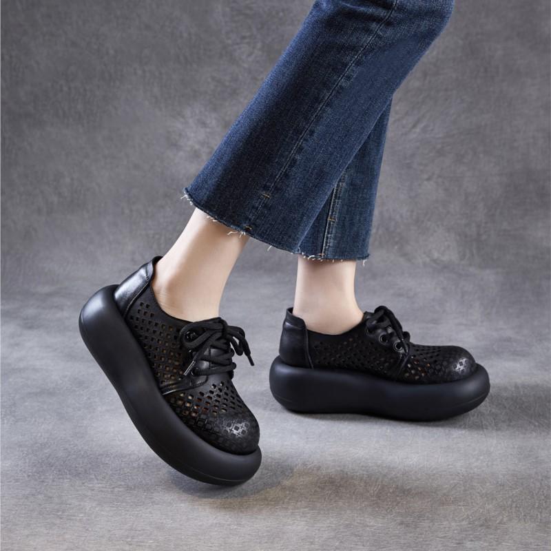 Johnature Hollow Out Thick Soled Shoes Genuine Leather Breathable Lace-up Women's Platform Sandals