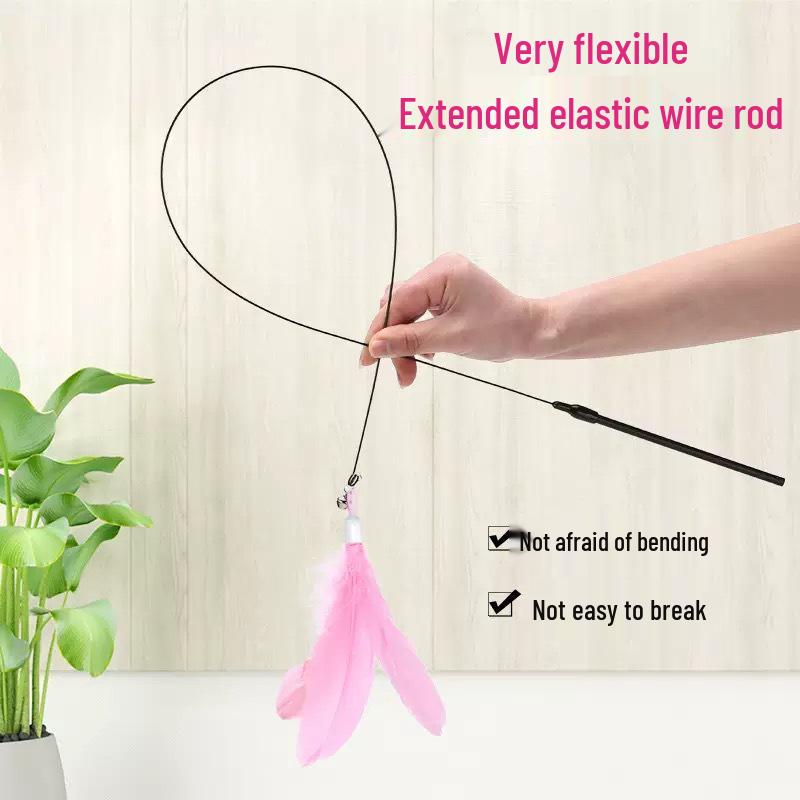 Cat Teaser Wand: Bite-Resistant Steel Rod with Suction Cup, Bell, and Replaceable Head for Self-Play