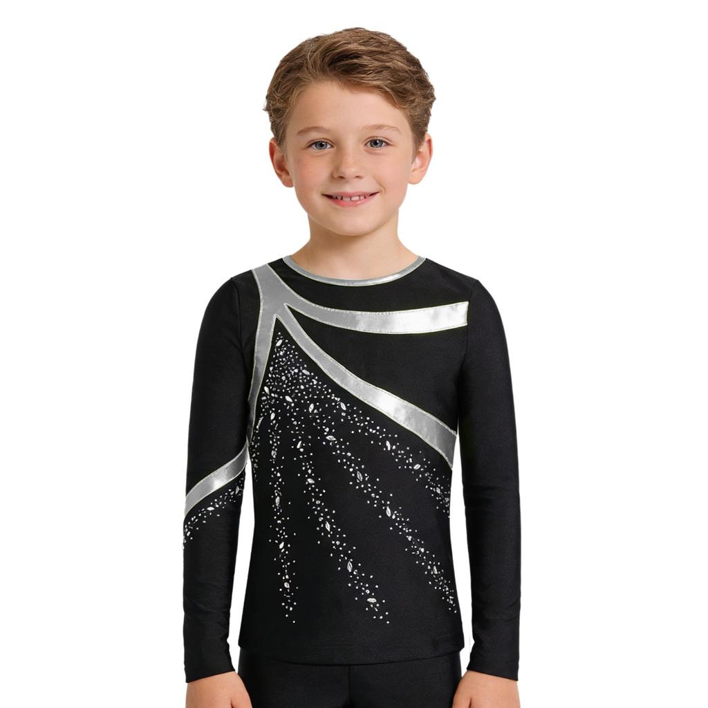 Costum patinaj artistic băieți Gât rotund Mânecă lungă Patchwork metalic Strălucitor Strassuri Top