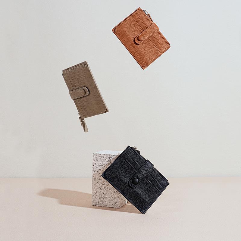 Genuine Leather Ultra-Thin Multi-Card Zipper Wallet - Minimalist Cowhide Card Holder