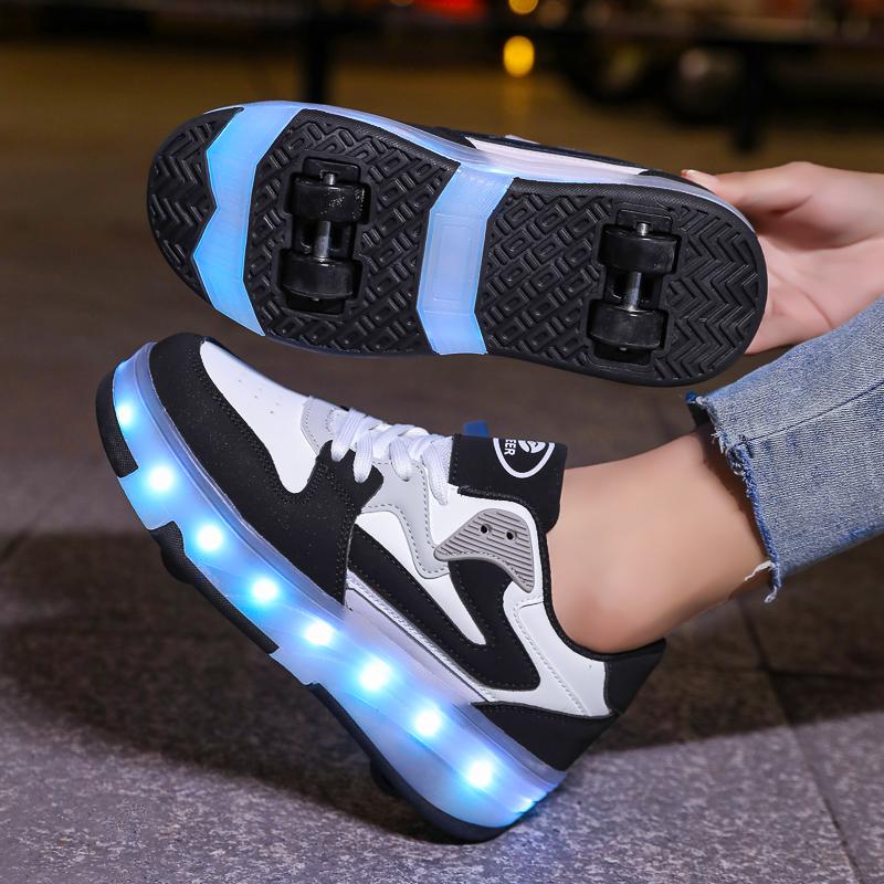 29-40 Zapatos Deportivos Planos Desmontables de Cuatro Ruedas para Niños Zapatos Deportivos Luminosos LED Recargables Patines de Cuatro Ruedas
