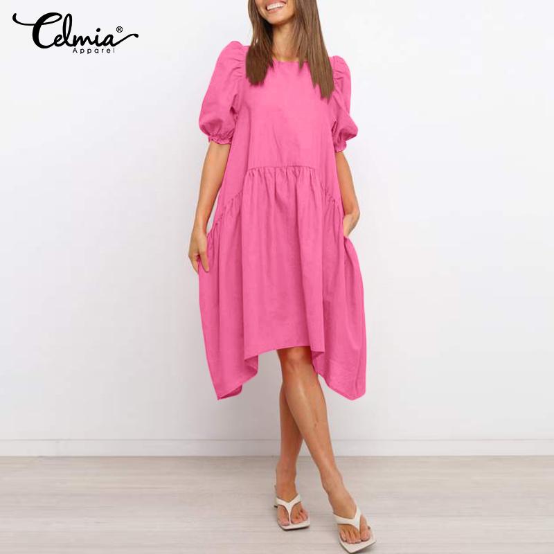 

Celmia Лето Женский Асимметричный Подол Puff Короткие рукава O Шея Короткое платье