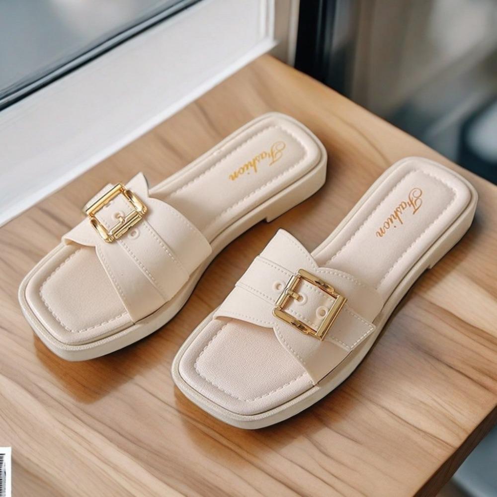 Women's Flat Slippers Outside Summer New Square Buckle Slippers Women Wear Non Slip Fashion Flower Bow Cool Slippers