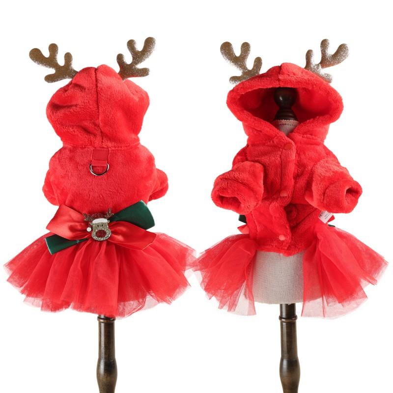 Festive Red Plaid Pet Dress Dogs Cats Warm Winter Holiday Tutu Skirt With Reindeer Design