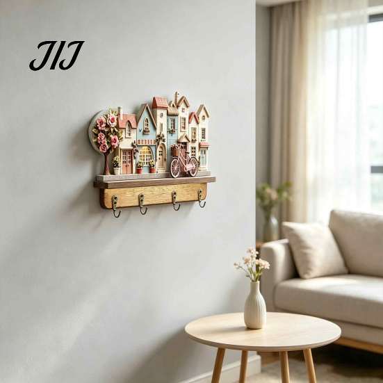 Vintage Campervan Wall Art Wooden Key Holder Rack, Camping RV Pattern Rack with 4 Hooks, Hook for Home 2D Farmhouse Mount Organizer Entryway