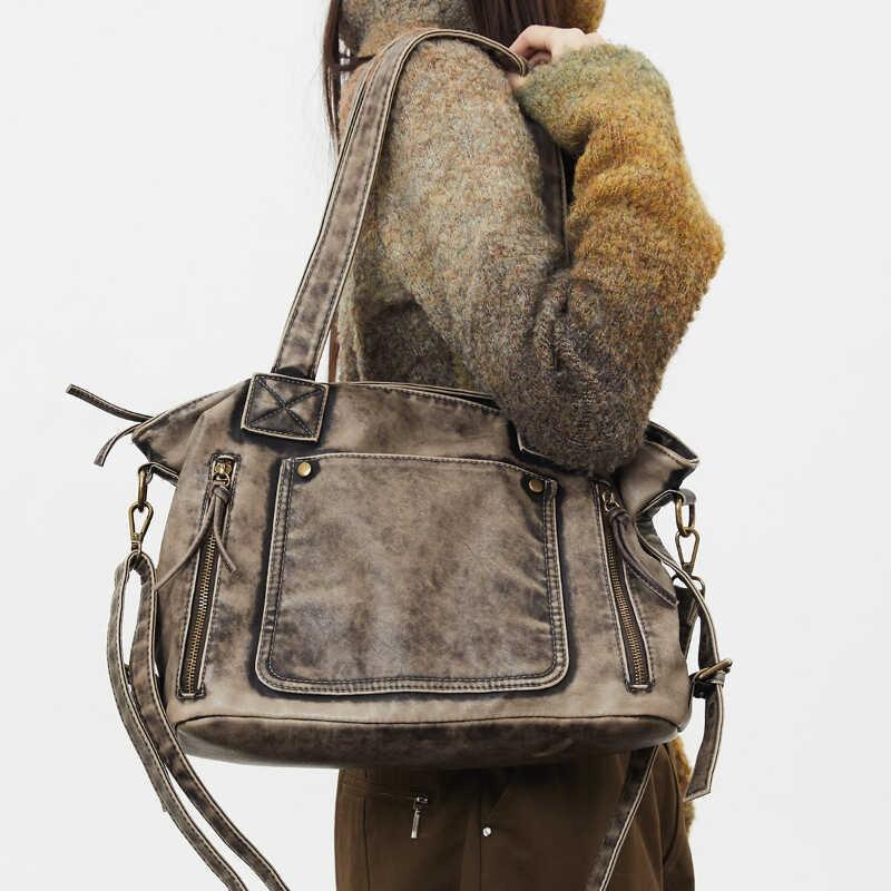 French Maillard Vintage Washed Spice Girl Locomotive Bag Large Capacity Wasteland Wind Shoulder Bag