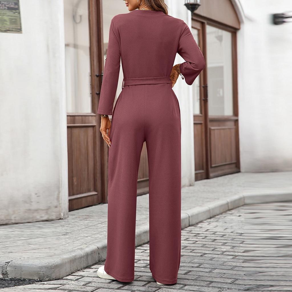 Damen Modischer Einfarbiger High Waist Button Up Langarm Lockerer Jumpsuit