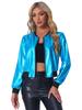 Allegra K Women's Christmas Sequined Stadium Jacket/Blouson, Shiny, Short/Long Sleeve, Lightweight, Sportswear, Peacock Blue, Size S