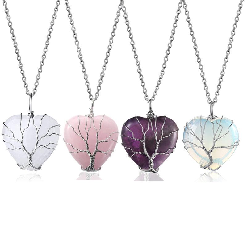 Natürlicher Stein Lebensbaum Drahtumwickelt Liebesherz Halskettenanhänger Natürlicher Stein Tigerauge Rosa Quarz Schwarzer Achat Für Frauen
