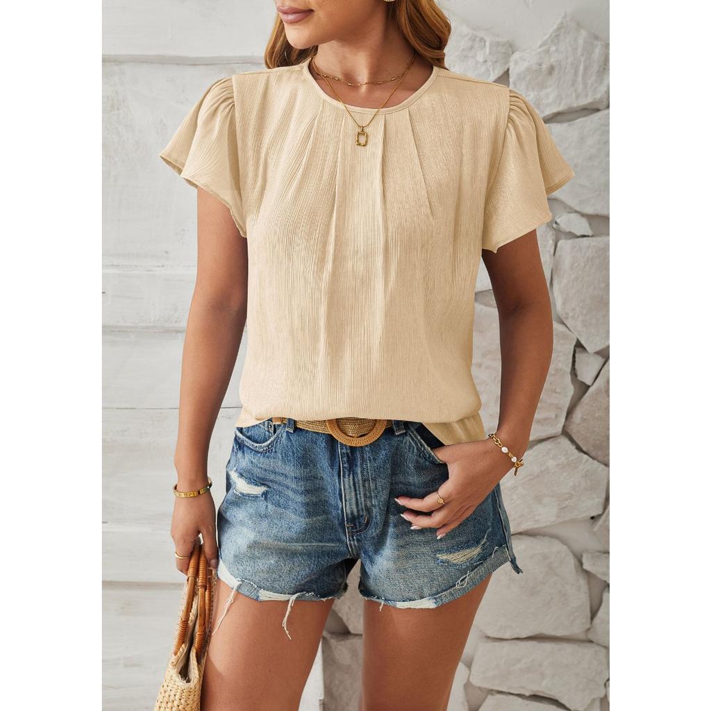Spring Summer Women's European American Fashion Crew Neck Loose Blouse Shiny Fabric Petal Sleeve Casual Top