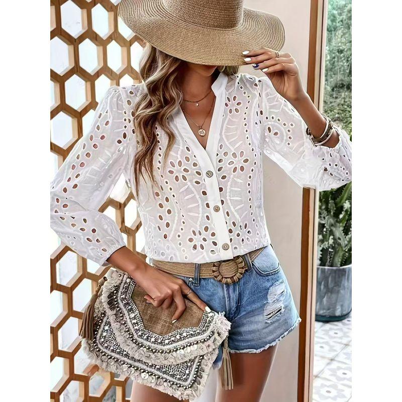 

Spring New Arrival Fashion Fashion Commuter Ol White V-neck Single Breasted Cut Out Versatile Long Sleeve Shirt Sun Protection Top White S
